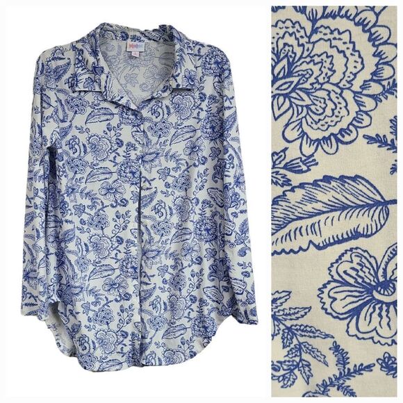 NEW LuLaRoe Women's 6/8 Top Blue Floral Valentina Long Sleeve Button Down Shirt - Picture 1 of 8